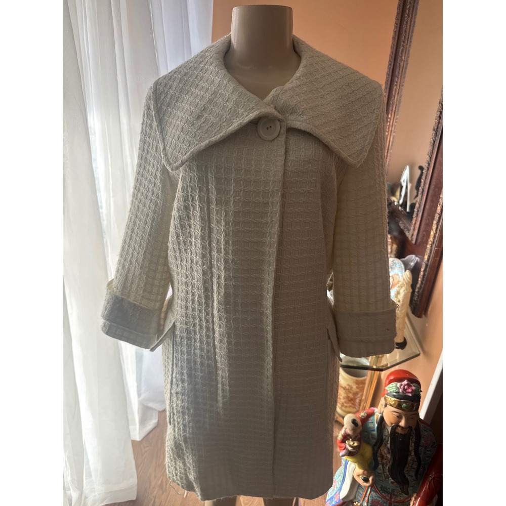 Chaus Cream‎ Textured Tweed Coat Oversized Collar Belted Mid Length Womens 8